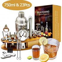 AYAOQIANG Cocktail Mixing Set, 23 Pieces Cocktail Shaker Set for Bartender, 750ml Stainless Steel Bar Tool Kit with Bamboo Display Stand,Kitchen and Bar Cocktail Making Set