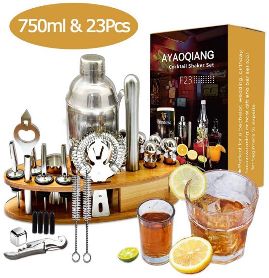 AYAOQIANG Cocktail Mixing Set, 23 Pieces Cocktail Shaker Set for Bartender, 750ml Stainless Steel Bar Tool Kit with Bamboo Display Stand,Kitchen and Bar Cocktail Making Set