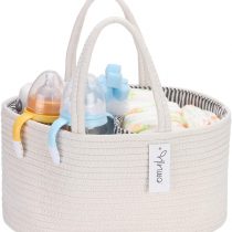 Hinwo Baby Diaper Caddy 3-Compartment Infant Nursery Tote Storage Bin Portable Car Organizer Newborn Shower Gift Basket Cotton Rope with Detachable Divider for Diapers & Wipes