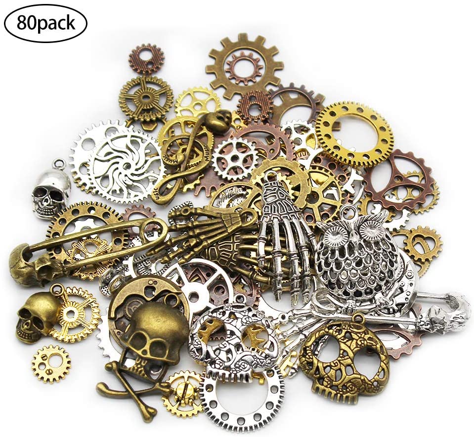 Mila-Amaz 80 Pcs Assorted Antique Steampunk Gears Metal Skeleton Pendant Charms Cogs for Jewelry Making Accessory - Bronze, Silver