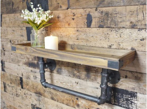 Homes on Trend Industrial Steampunk Style Wood & Metal Pipe Wall Shelf Storage Shelving Unit - Image 2