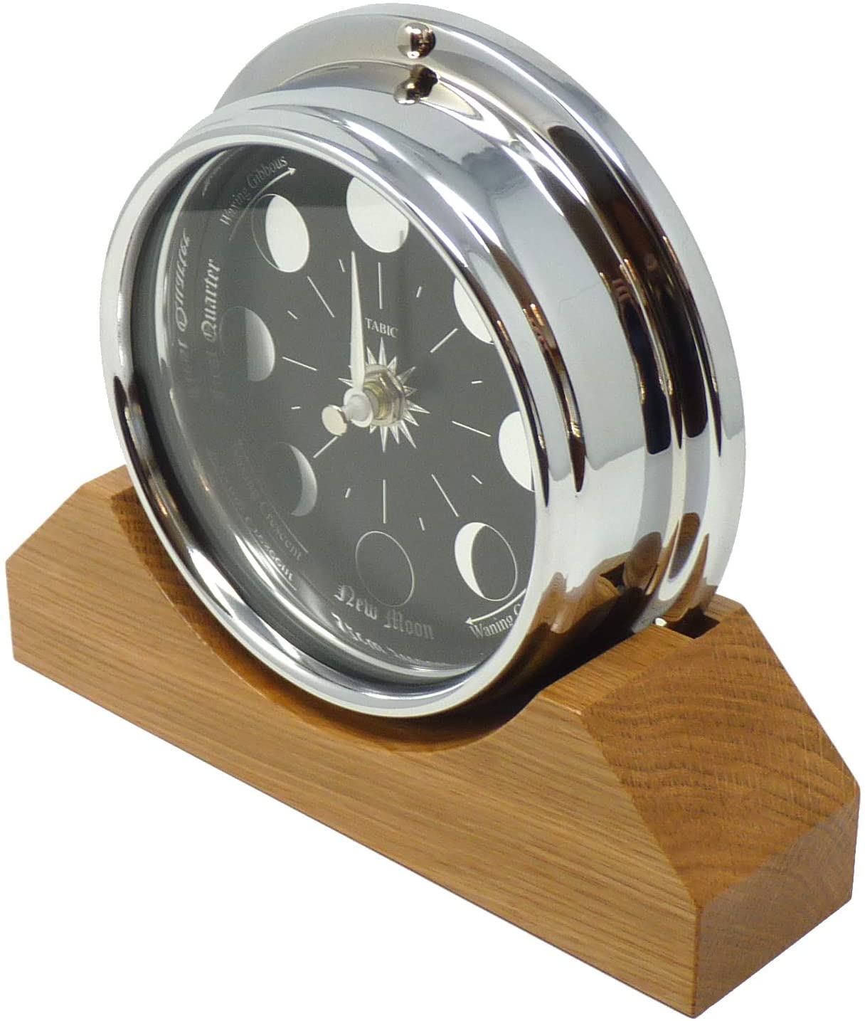 Tabic Prestige Chrome Moon Phase Clock on a Solid English Oak Mantel/Display Mount - Image 2