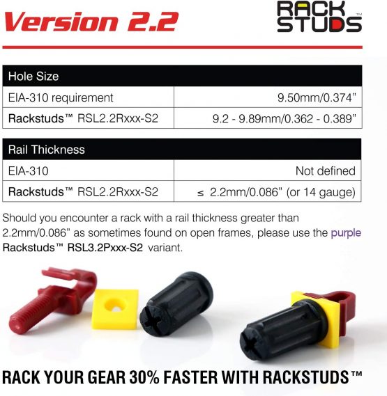 Rackstuds P100 Rack Mount Solution Series II – No More Cage Nuts! The Easiest and Safest Server Rack Solution in 19" Racks with Square Punched Vertical Rails | 100-pack, Purple, 3.2mm/0.126" Version - Image 3