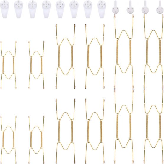 12 Pieces Invisible Plate Hangers Wall Plate Hangers Stainless Steel Decorative Wire Plate Hangers Holders in Various Sizes with 12 Pieces Wall Hooks for Decorative Plates and Art (6/8/10 Inch)