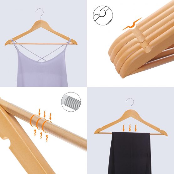 SONGMICS 10 pieces Wooden Clothes Hangers, edges with Non-Slip bar 360 Degree Rotating Hook CRW001-10,Natural,10 - Image 4