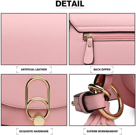 Miss Lulu Handbags Women Fashion Tassel Decoration Zipper Flap Small Shoulder Cross-Body Saddle Bag with Lock Closure - Image 2