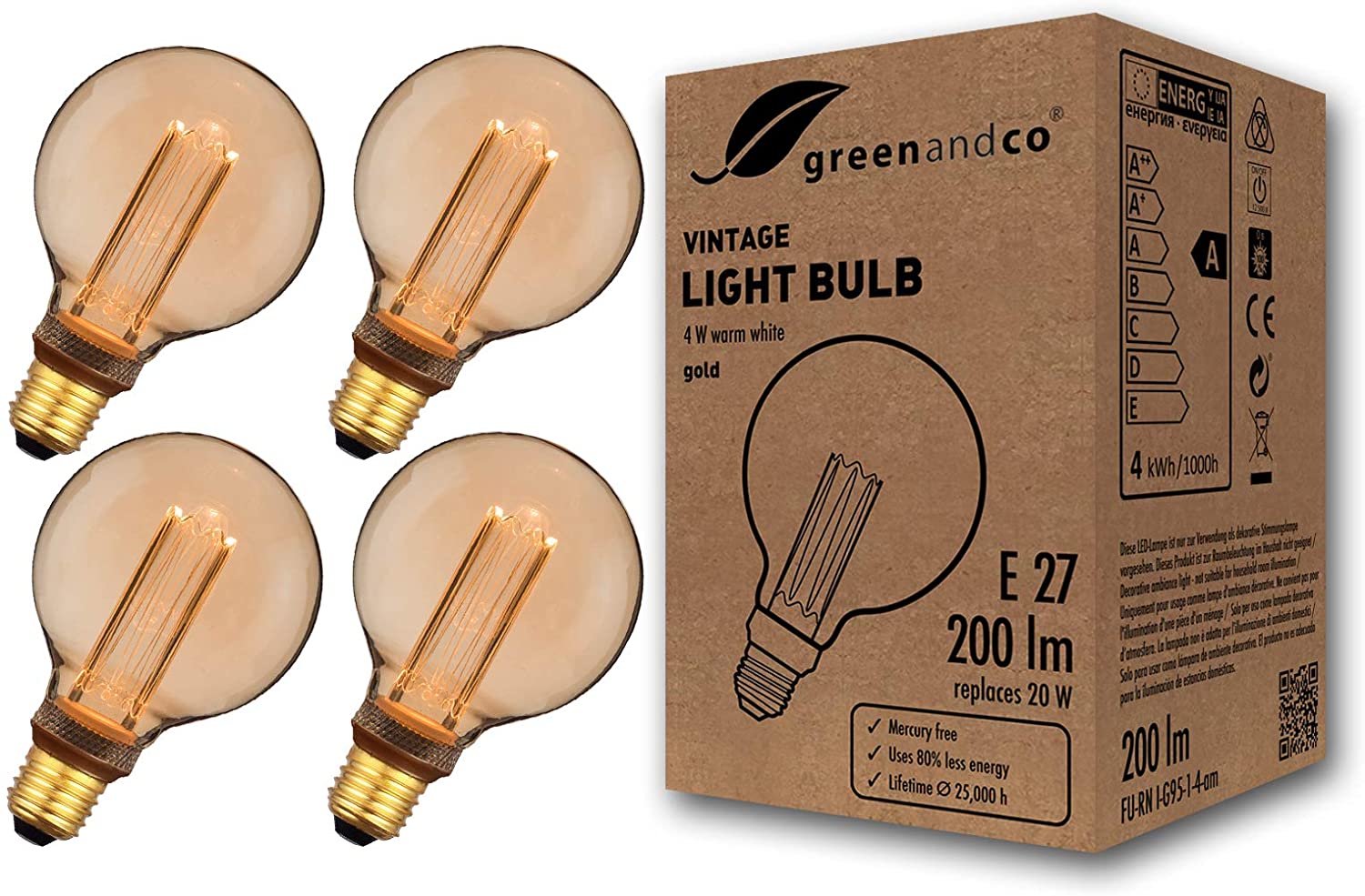 greenandco 4X Decorative LED Vintage Light Bulb, E27 G95 Amber, 4 Count (Pack of 1)