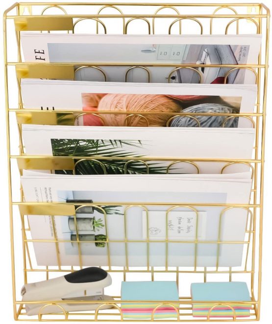 EasyPAG 6 Tier A4 Metal Wire in Tray Hanging Wall File Holder Mail Organiser Magazine Storage Rack,Gold - Image 2