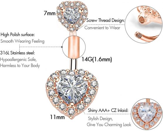 OUFER 316L Surgical Steel Belly Bars Double Heart Cubic Zirconia Belly Button Ring Navel Piercings Jewellery 14G (1.6mm) - Image 4