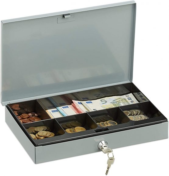 Relaxdays Lockable Cash Box with Coin Compartment, 2 Keys H x W x D: 5x30x20 cm, Grey
