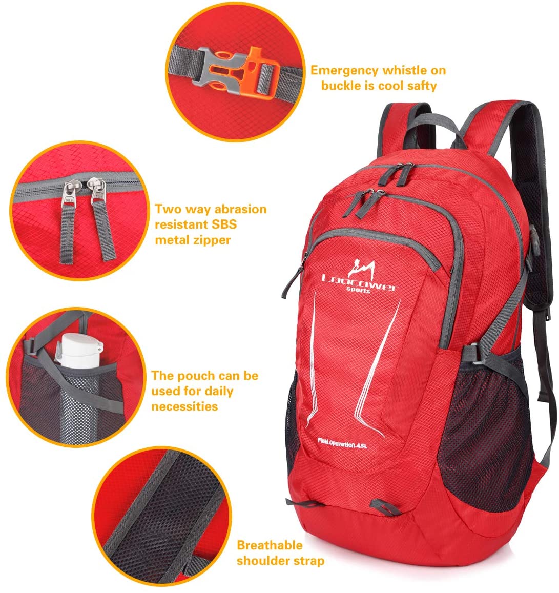 Loocower 45L Ultra Lightweight Foldable Backpack Hiking Daypack Walking Rucksack Water Resistant Packable Camping Mountaineer Outdoor Sport Knapsack for Men Women-Red - Image 4