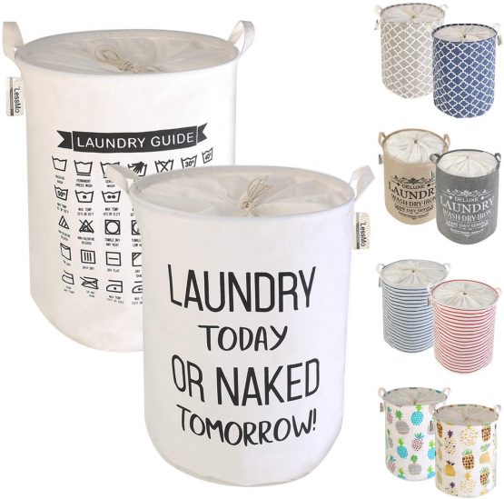 LessMo 2PCS 19.7" Drawstring Laundry Basket Storage Sorter, Collapsible Pop-Up Laundry Hampers, Waterproof Round Cotton Linen (White, Thickened 19.7"/Large)