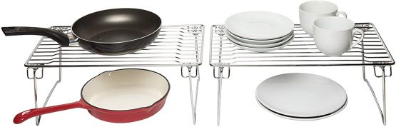 Amtido Kitchen Cupboard Organiser Storage Shelf Rack Stands for Cabinets, Pantry, Countertop Organisation - Stackable - Chrome, 2 Pack - Image 4