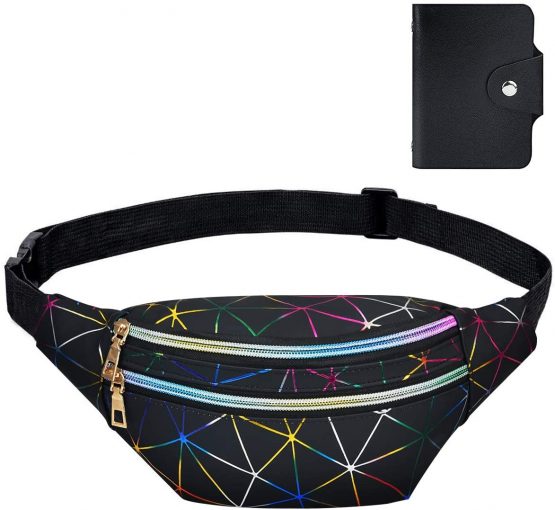 flintronic Waist Bag, Holographic Fanny Pack with PU Leather, Shiny Belt Bag Festival Rave Bumbags for Ladies Travel Party Sports Running Hiking(Black)(1 Business Card Holder Include)
