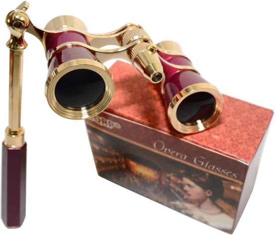 HQRP 3 x 25 Opera Glasses / Theatre Glass Binocular w/ Crystal Clear Optic (CCO) Burgundy with Gold Trim w/ Built-In Extendable Handle