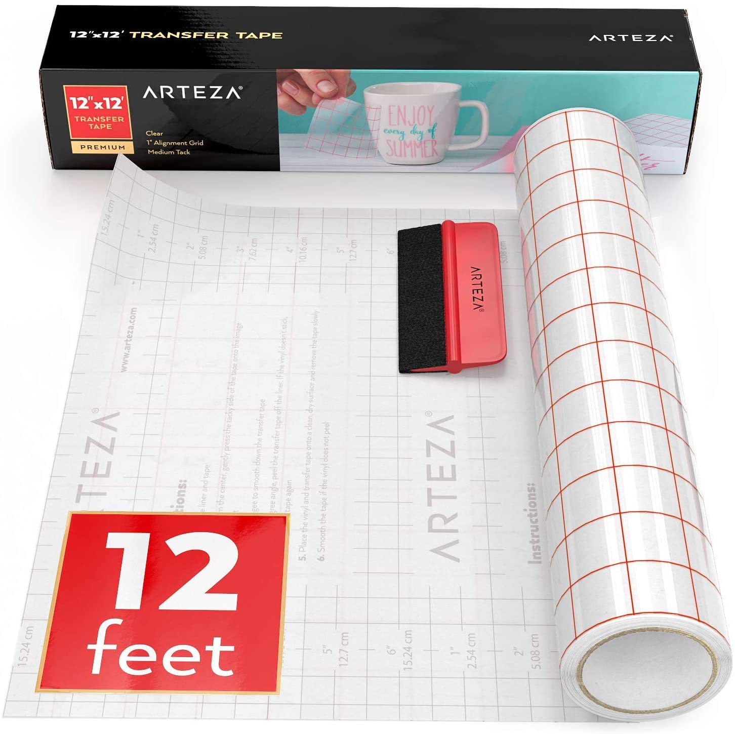 ARTEZA Ultra Clear Transfer Tape Paper with Grid & Squeegee, 12 Inch Wide x 12 Foot Long Roll
