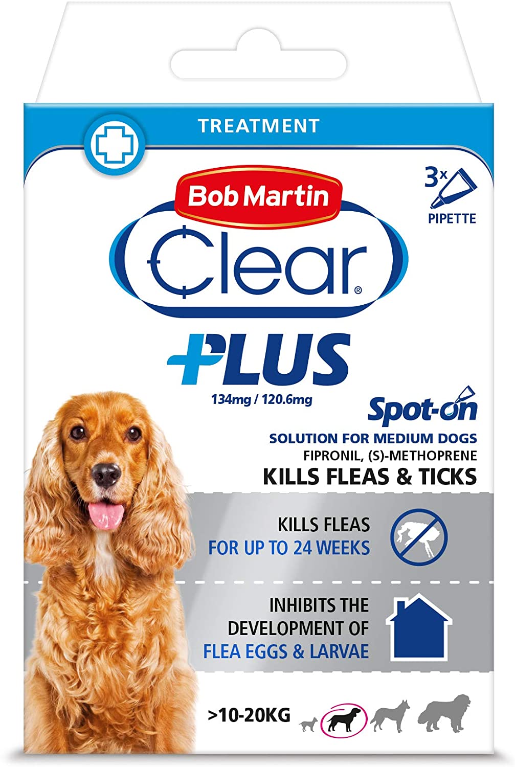 Bob Martin Clear Plus Spot On Flea Treatment for Medium Dogs (10-20kg) - Kills Fleas, Ticks, Lice and Flea Eggs (3 Pipettes)