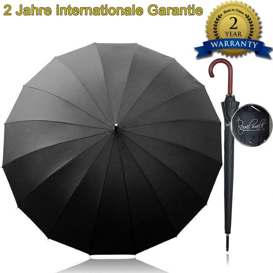 Royal Walk Windproof Umbrella Black Large 54 Inch Automatic Open for 2 Persons Stormproof for Men Women Classic Wooden Handle Lightweight Waterproof Durable Strong 16 Ribs Travel Golf Unisex 120cm