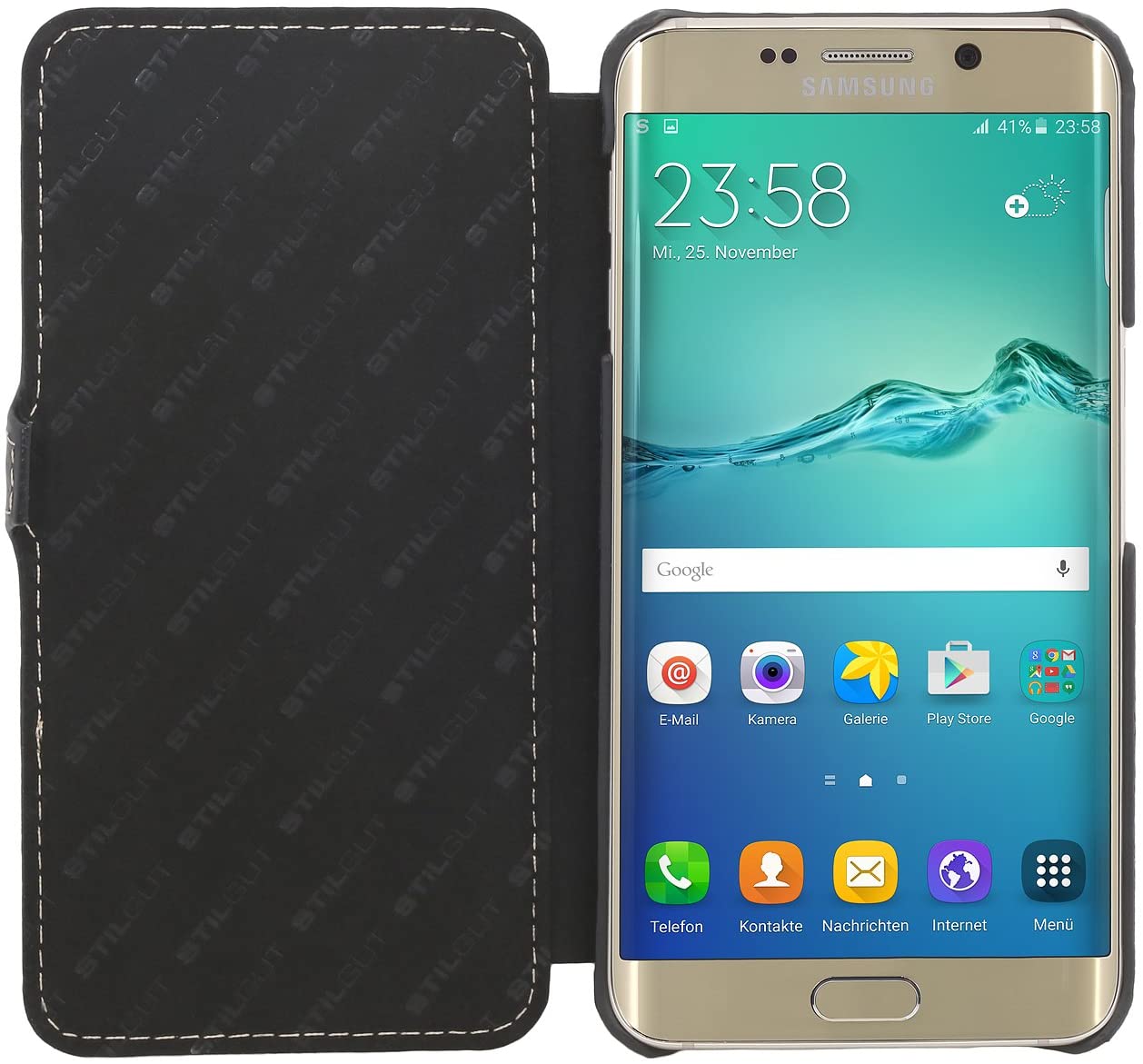 StilGut Case Compatible with Galaxy S6 edge+, Book Type Leather Flip Case, Black with Closure - Image 2