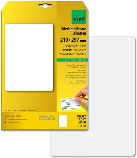 SIGEL LA230 Universal Removable Labels, 21 x 29,7 cm, 25 lbl = 25 sheets, white