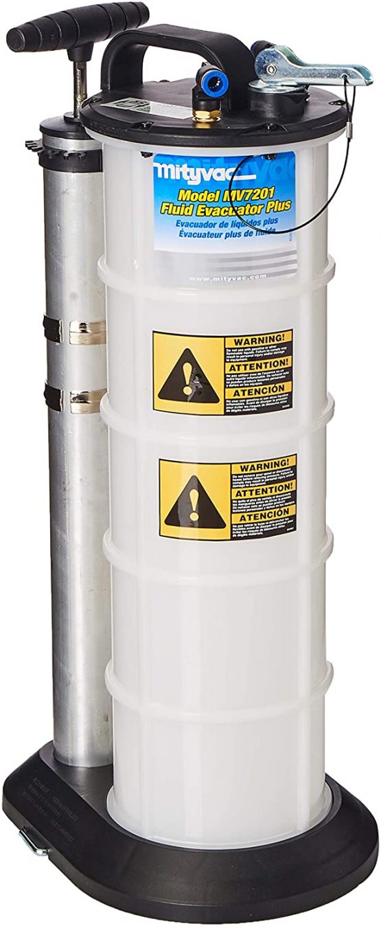 Mityvac 7201 Manual Fluid Evacuator Plus with 2.3 Gallon Reservoir; Evacuates or Dispenses Fluids with Push Button; Evacuate Through the Dipstick Tube