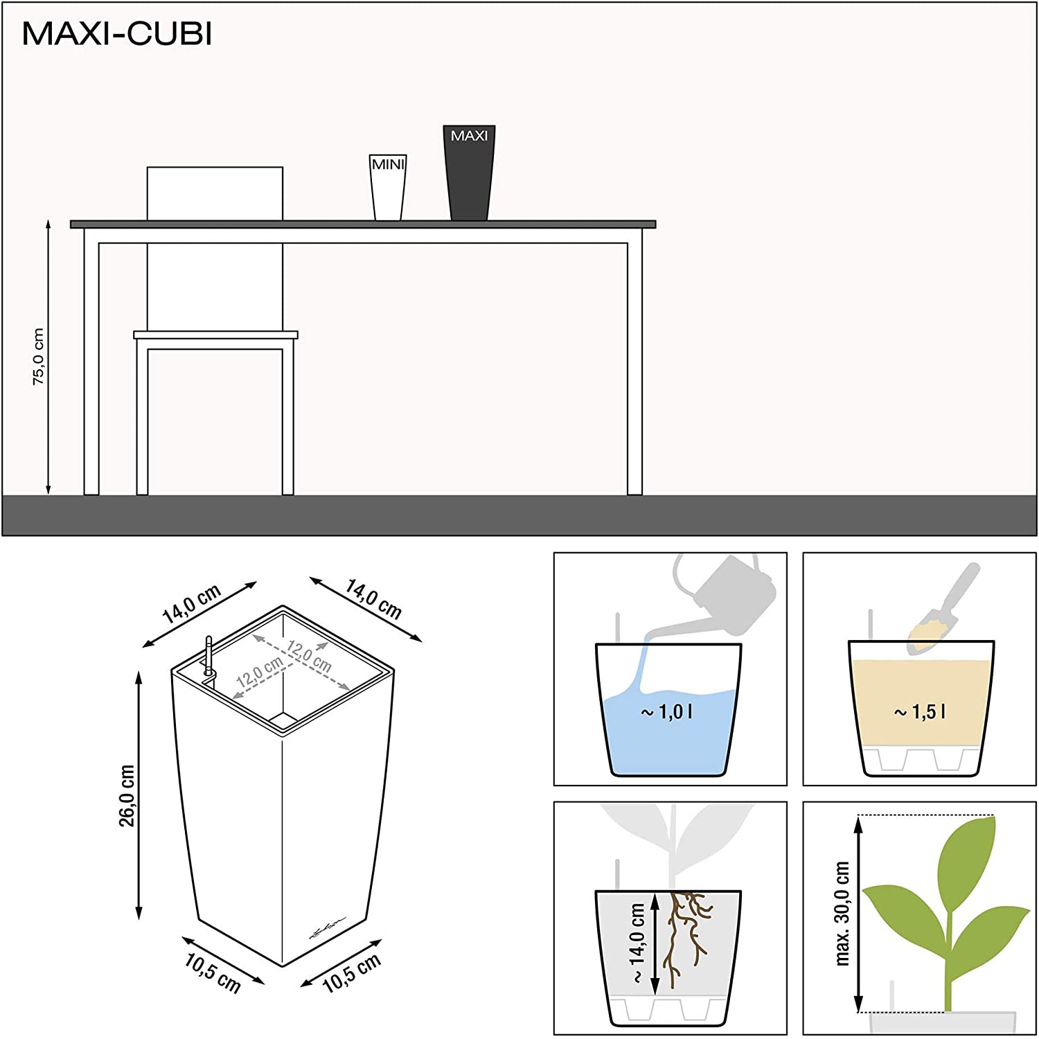 LECHUZA MAXI CUBI Self Watering Planter Small Plastic Indoor Plant Pot without Drainage Hole H26 L14 W14 cm Charcoal Metallic - Image 2