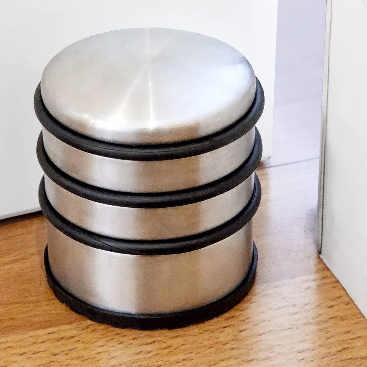 Relaxdays Heavy Door Stopper, Door Stop with Rubber Rings, Stainless Steel and Rubber Door Buffer, HBT: 75x68x68 mm, Silver - Image 2