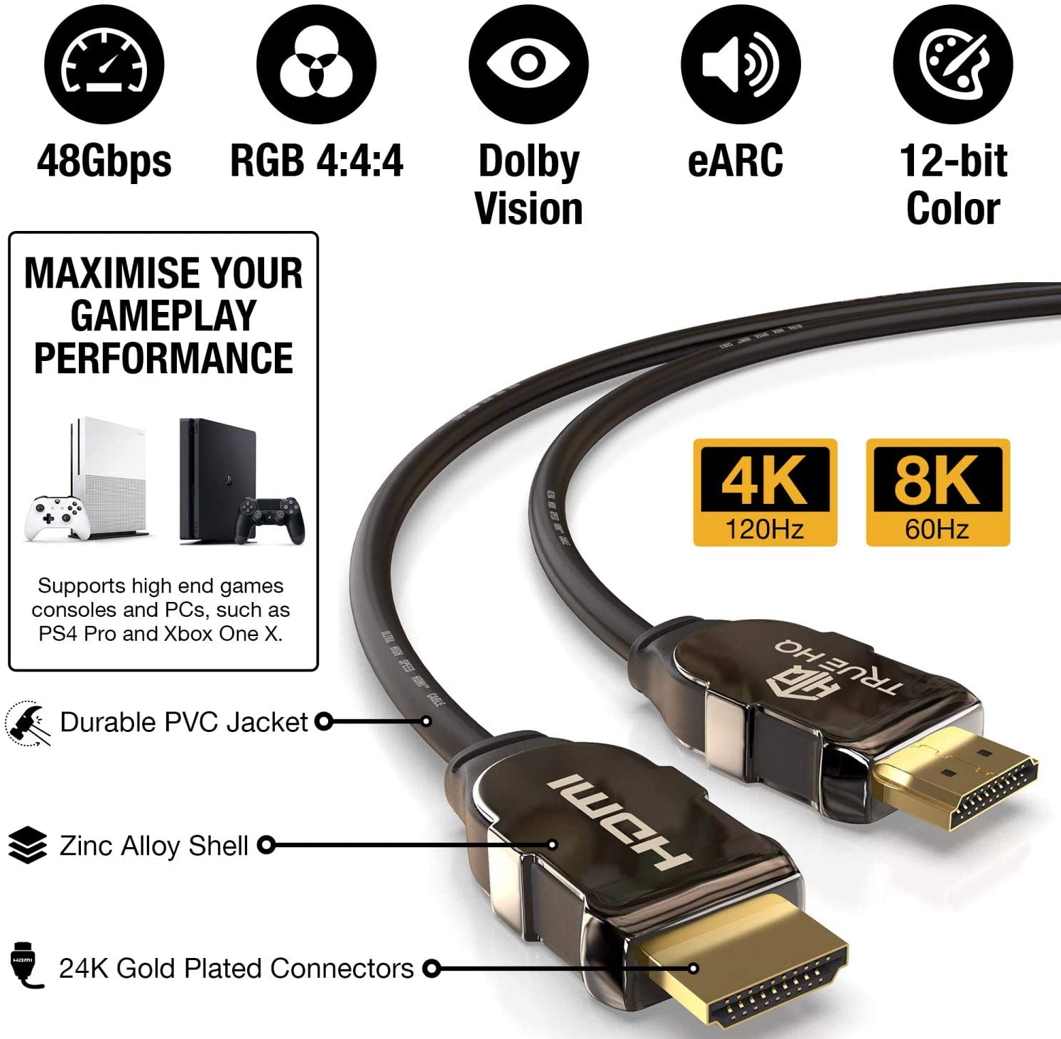 3M HDMI 2.1 Cable Certified 8K 48Gbps by True HQ Ultra High Speed PREMIUM Lead with