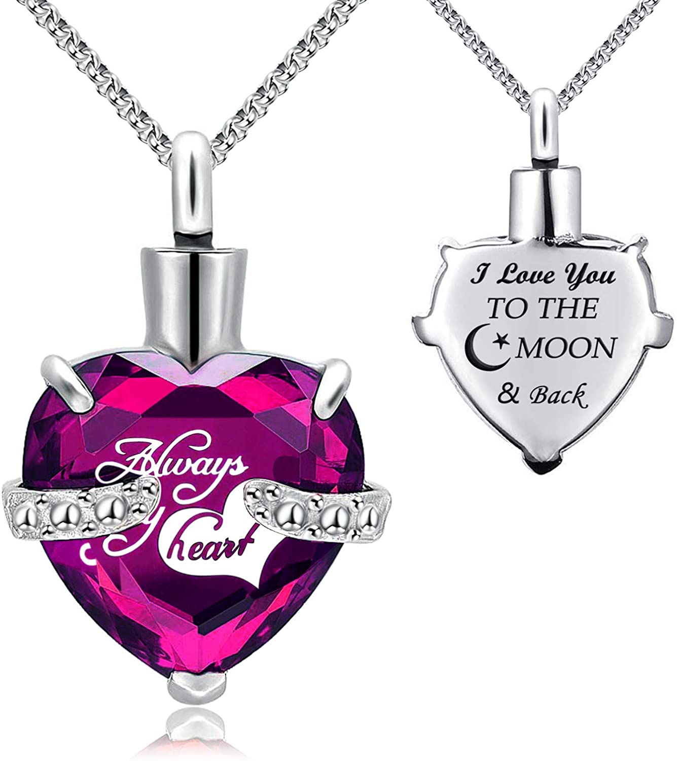 Urn Necklace for Ashes Always in My Heart I Love You to the Moon and Back Birthstone Cremation Keepsake Pendant Necklaces (February)