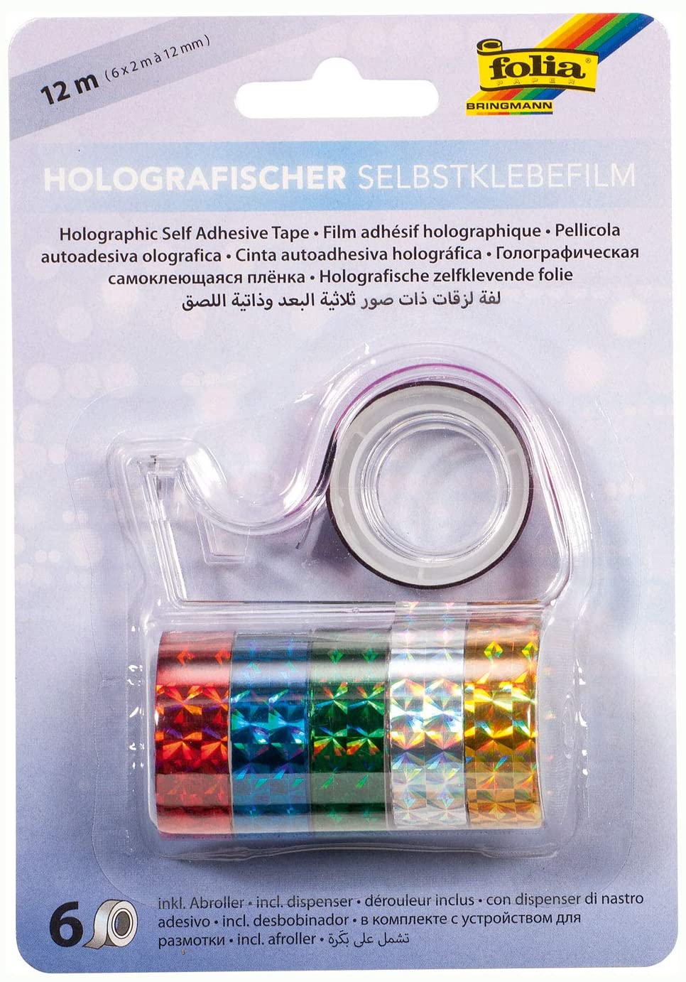 Folia 306 - Holographic Self-Adhesive Tape, 6 Rolls, Assorted Colours, 12 mm x 2 m