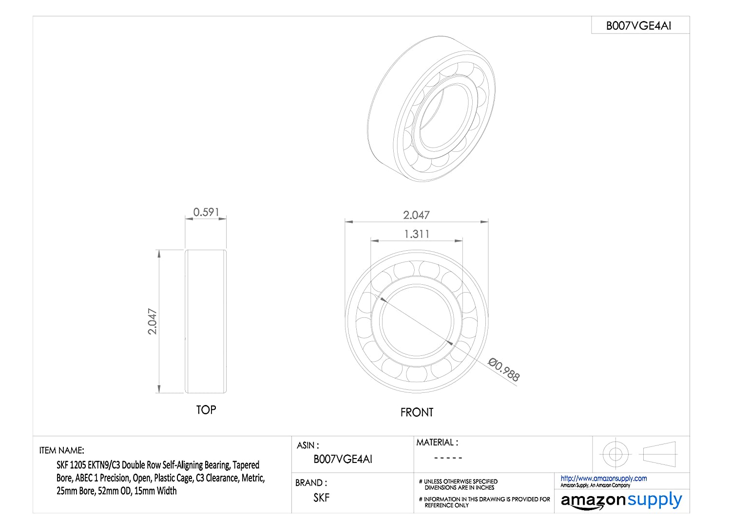 SKF 1205 EKTN9/C3 Self-Aligning Ball Bearing - Image 2