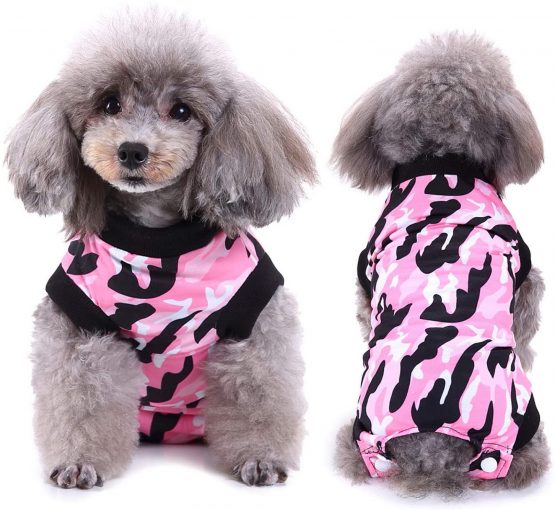 SELMAI Dog Recovery Body Care Prevent Licking E Collar Alternative Puppy Clothes Pet Cat Wearing for Skin Diseases Wounds Post Operative Body Suit One Piece Fashion Camouflage Design, Pink XS