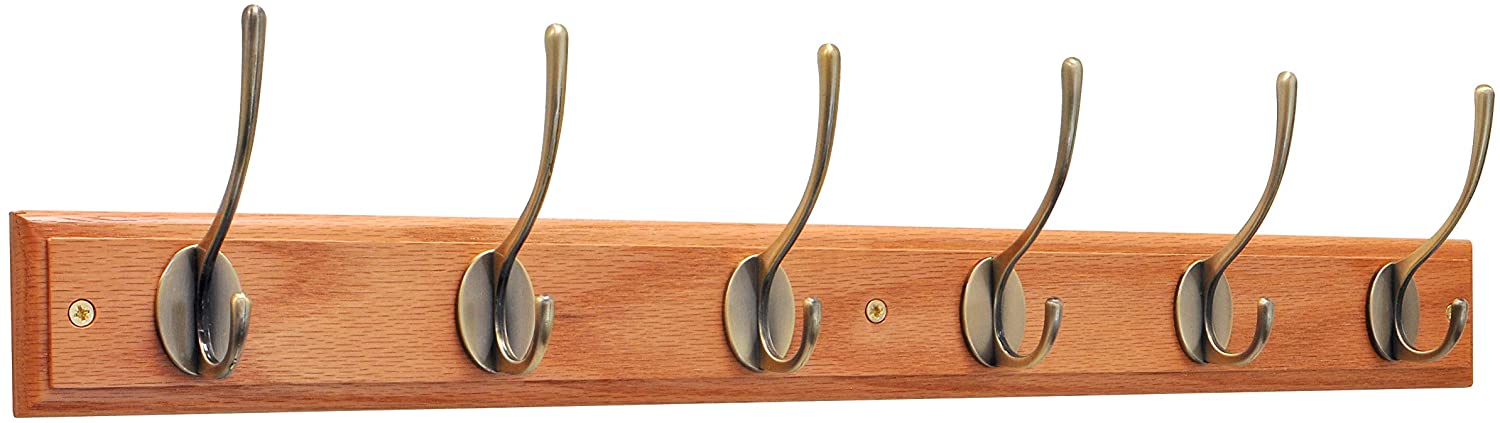 Keypak 6 Hook Oak Effect Wall Mounted Coat Rack with Victorian Antique Brass Hooks, Heavy Duty Wooden Board for Coats Hats