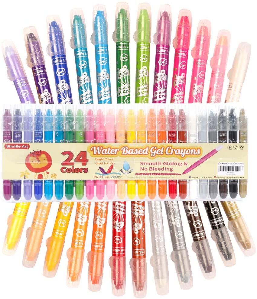 Shuttle Art 24 Colours Gel Crayons for Toddlers Non-Toxic Twistable Crayons Set for Kids Children Colouring Crayon-Pastel-Watercolour Effect