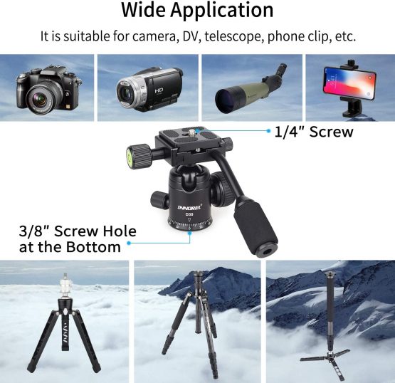 Tripod Ball Head with Handle, D30 All Metal CNC Panoramic Monopod Ball Head Camera Mount with 2 1/4" Quick Release Plates, Max Load 22lbs/10kg, Compatible with DSLR, Camcorder, Telescope, etc. - Image 4