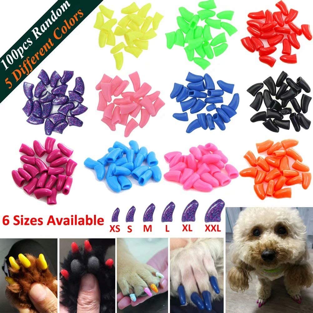 JOYJULY 100pcs Pet Puppy Dog Nail Soft Claw Paws Covers Caps, Control Paws Claws Covers of 5 RANDOM+ 5 Adhesive Glue,S