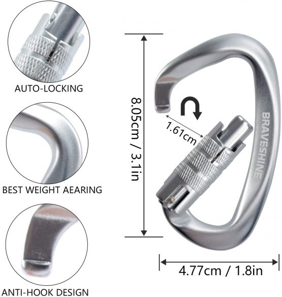 BRAVESHINE 2 Pack Twist Locking Carabiner Clips Heavy Duty, 12KN Auto Locking Aluminum Carabiner, Super Durable D Lock Carabiner Hook for Camping, Hammocks, Dog Leash, Rappelling, Swing - Image 3