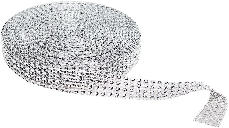 Wowot Silver Rhinestone Ribbon with 4 Rows for Wedding Birthday Craft Projects Decoration, 9 metres, metallic silver - Image 2