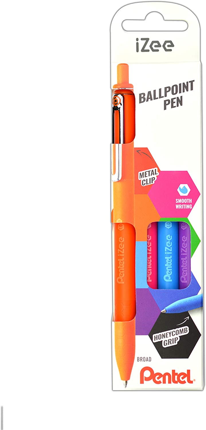 Pentel IZee BX470-4COL Ballpoint Pens Push Mechanism Metal Clip 0.5 mm Line Width Orange/Light Blue/Pink/Purple Set of 4