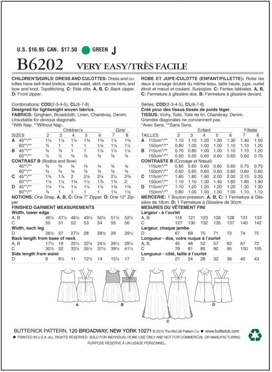 Butterick Patterns 6202 CL,Children's/Girls Dress and Culottes,Sizes 6-7-8 - Image 2