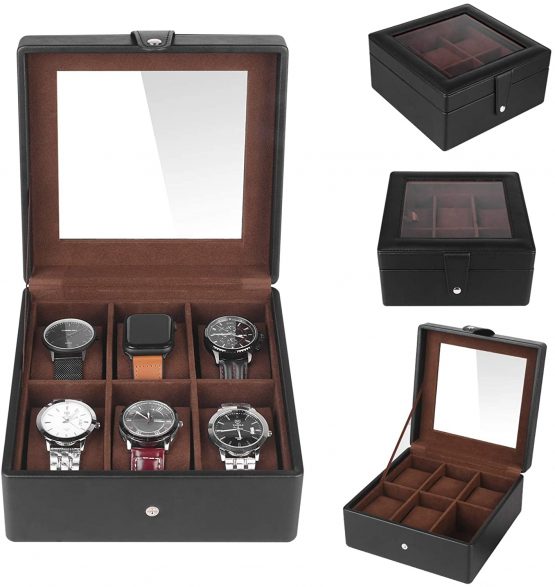 SHYOSUCCE 6 Slots Watches Storage Box with Clear Glass Window, Removable Velvet Pillow, PU Leather Watches Display Box, Black(7.7x7.7x3.7 Inch) - Image 3