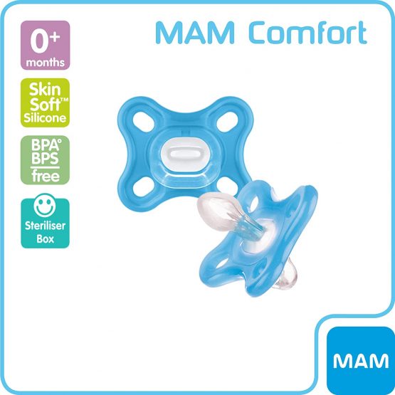 MAM Comfort All-Silicone Soothers 0 Months+ (Pack of 2), Soft and Light soother, Premature and Newborn Essentials, with Self Sterilising Travel Case, Blue - Image 2