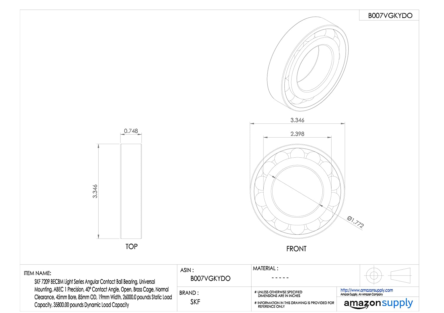 SKF 7209 BECBM Angular Contact Radial Ball Bearing, steel - Image 2