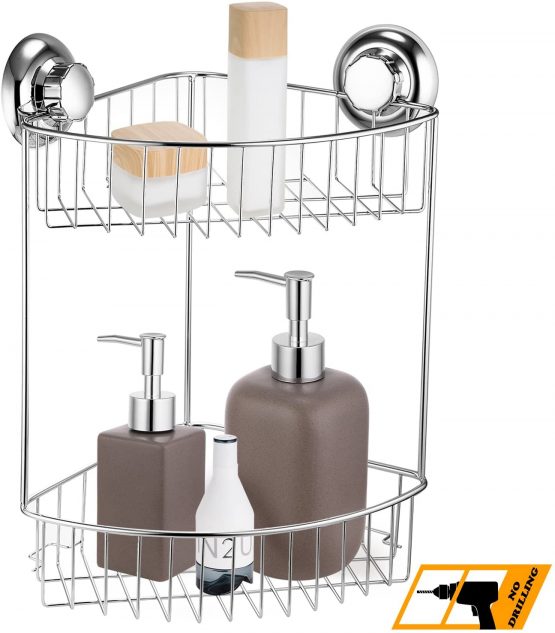 MaxHold No-Drilling Suction Cup Two Tier Corner Shower Basket - Vaccum System - Stainless Steel Never Rust - for Bathroom & Kitchen