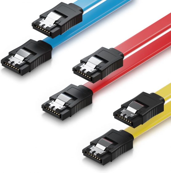 deleyCON 3x 50cm (19.69 Inch) SATA III Cable in a Set S-ATA 3 Data Cable HDD SSD Connection Cable Metal Clip 6GBit/s 2x Straight L-Type Connectors - Black