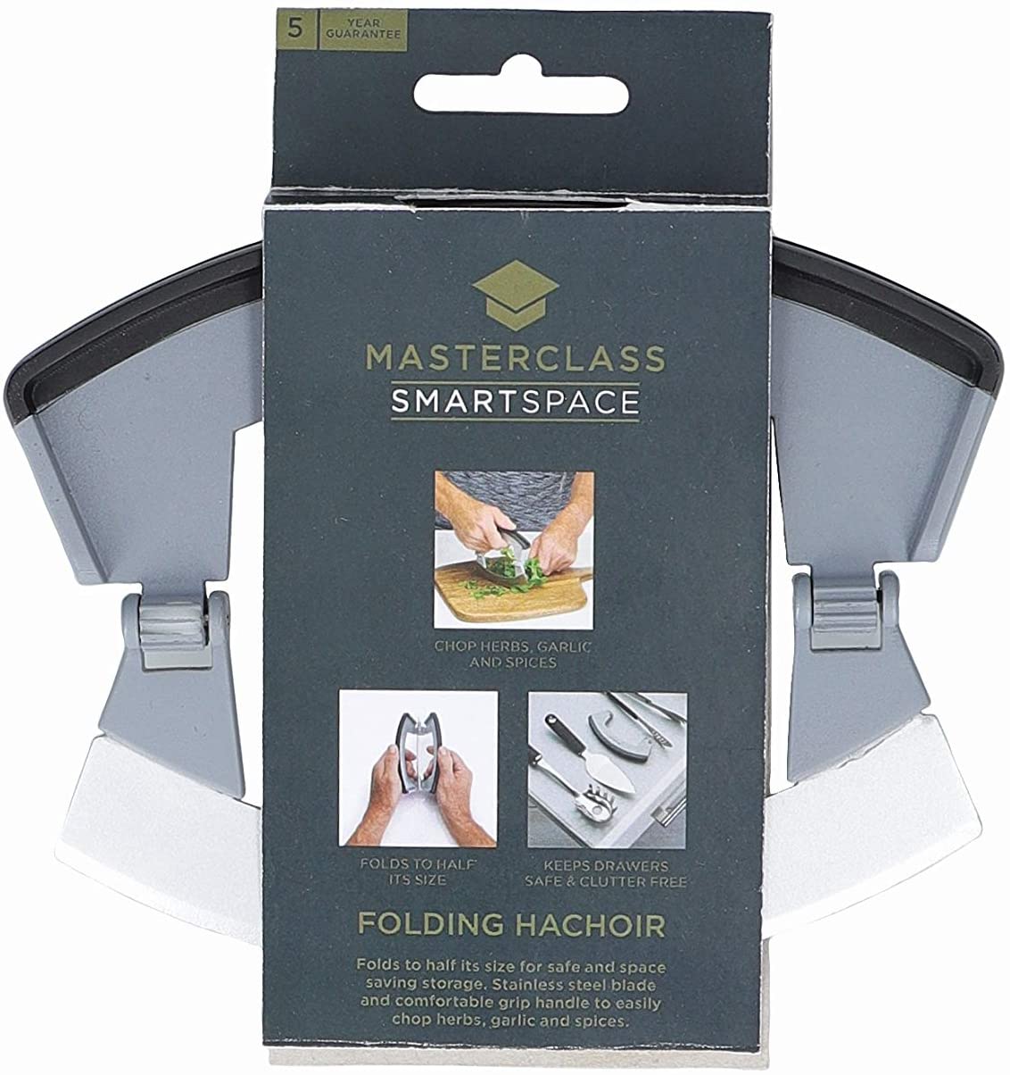 MasterClass Smart Space Folding Mezzaluna Herb Chopper, Stainless Steel/Plastic, Grey, 15.5 x 12.5 cm, Silver
