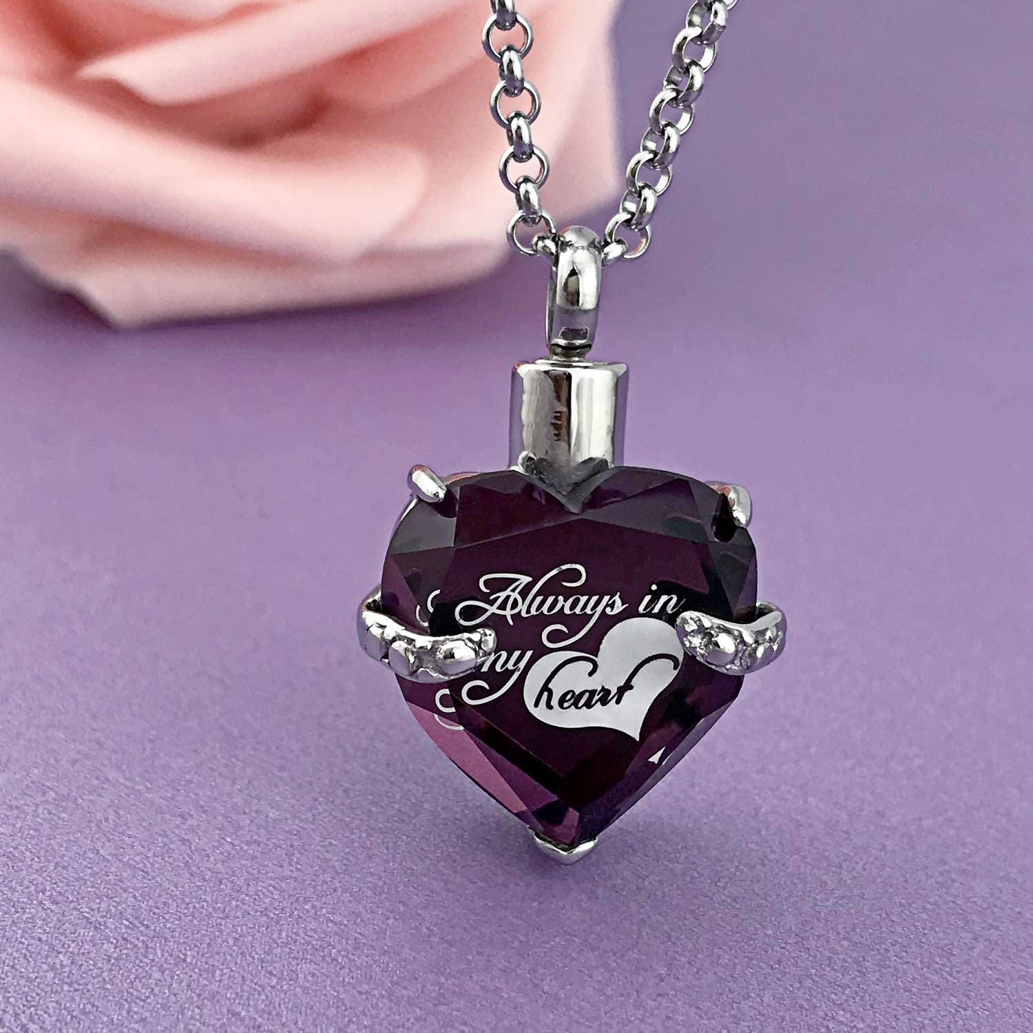 Urn Necklace for Ashes Always in My Heart I Love You to the Moon and Back Birthstone Cremation Keepsake Pendant Necklaces (February) - Image 4