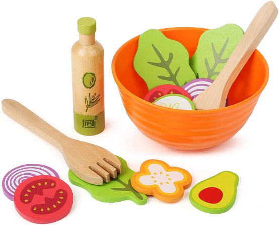 Small Foot 11476 Wooden Set, Children's Vegetarian Play Kitchen Accessory, incl. Bowl, Salad Utensils and Dressing Toys, Multicolored - Image 2