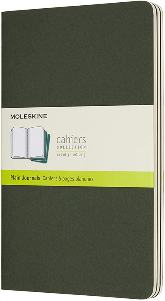 Moleskine Cahier Journal, Set 3 Notebooks with Plain Pages, Cardboard Cover with Visible Cotton Stiching, Colour Myrtle Green, Large 13 x 21 cm, 80 Pages
