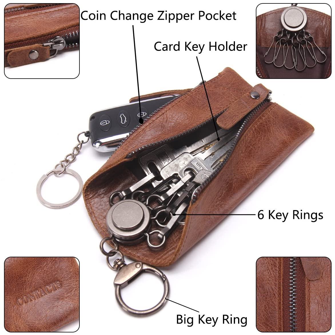Contacts Key Case Genuine Leather Coin Purse, Brown, 12x7x1cm, Holds Car Key & Coins, Men's Gift - Image 2